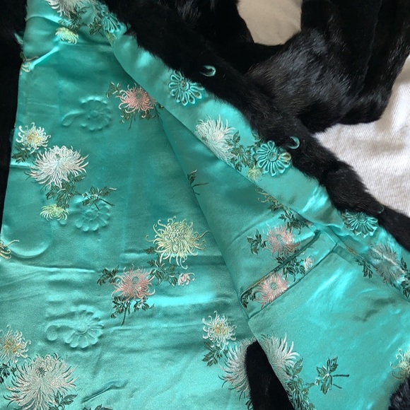 Gorgeous vintage rabbit fur coat turquoise floral silk lining custom made large - Picture 12 of 13